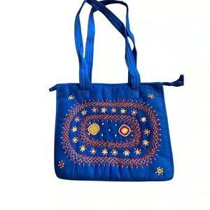Women's Blue Ethnic Shoulder Bag w/ Mirror Beads Casual Handcrafted